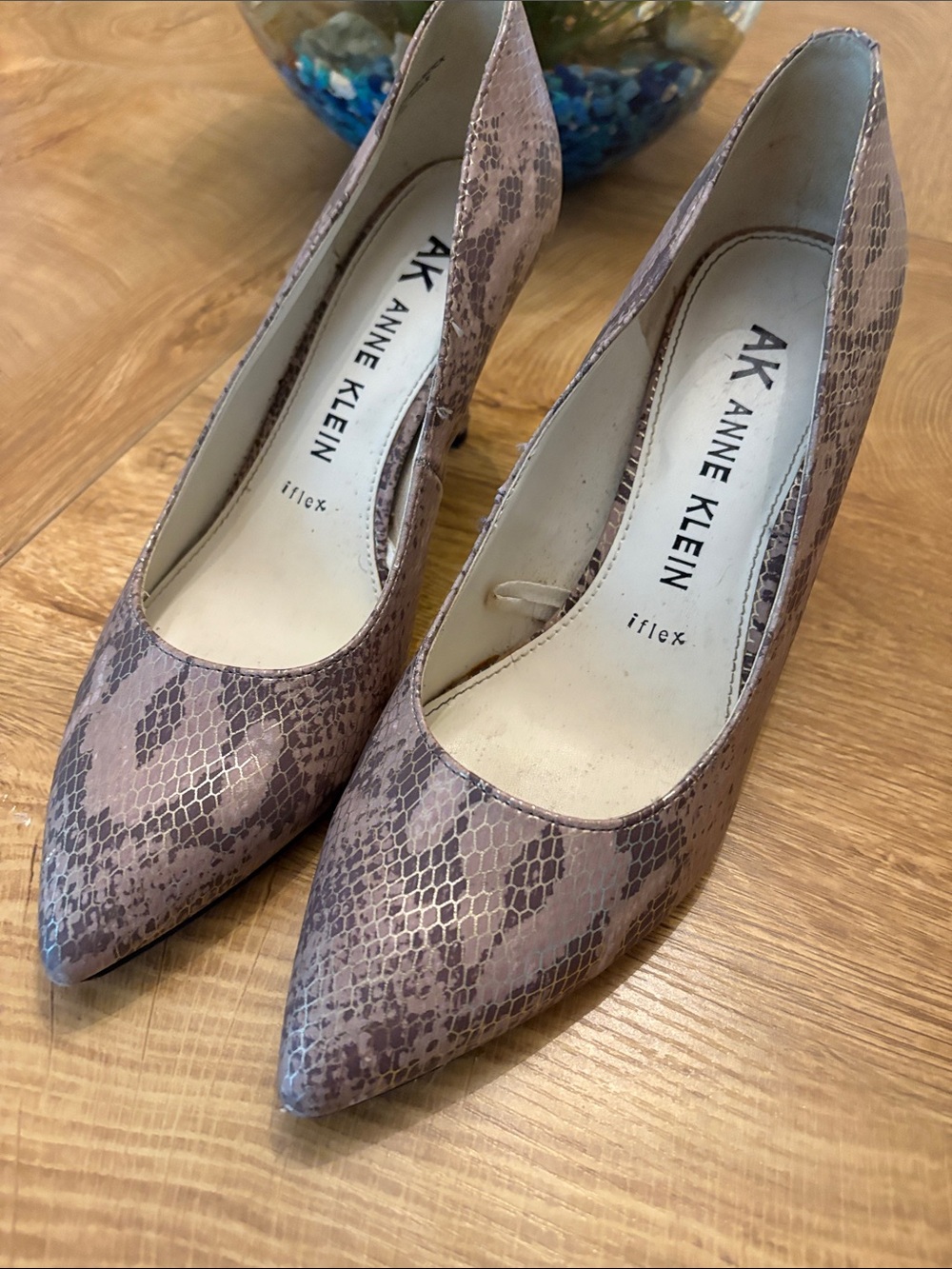Anne Klein Taupe Snake-Print Pointed Pumps